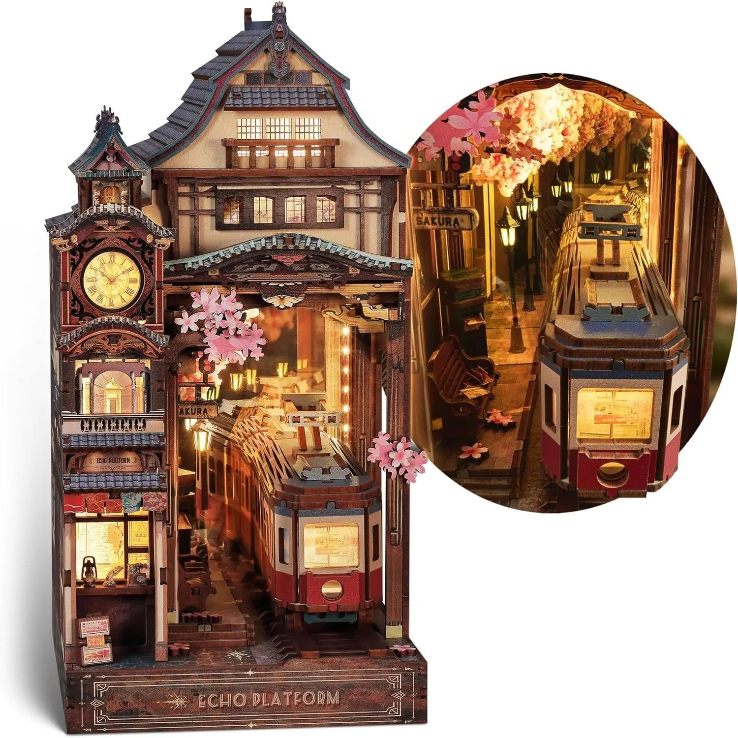 Sakura Train Book Nook Kit – LED 3D Wood Puzzle with Infinity Mirror – DIY Bookshelf Decor, Miniature Craft Gift for Kids and Adults