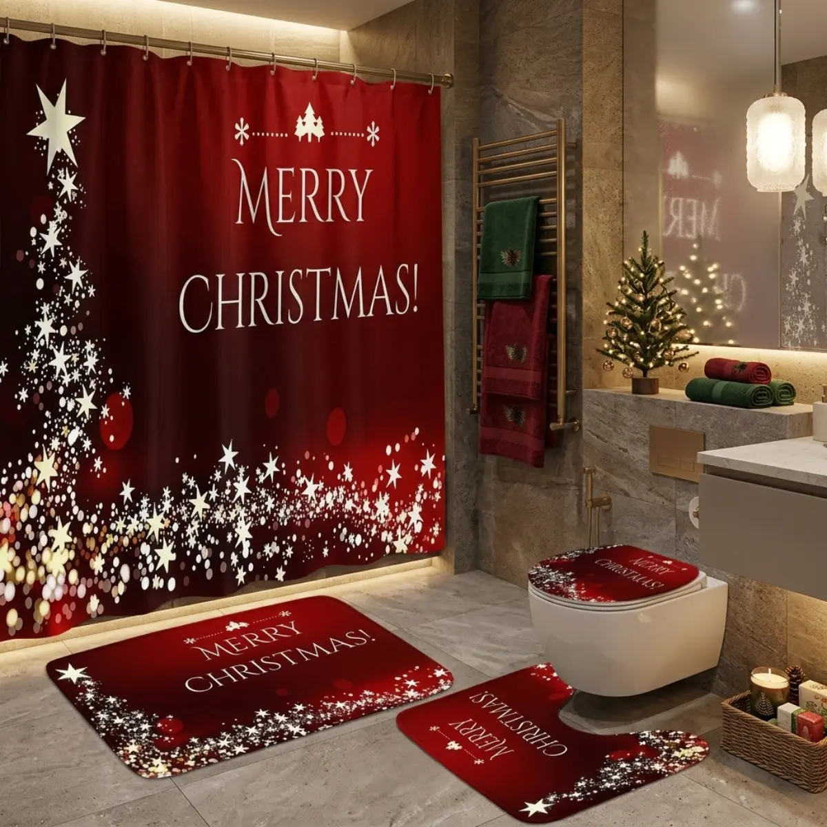 4pcs Christmas Shower Curtain Set, Merry Christmas Red Starry Print, Holiday Bathroom Decor, Festive Xmas Bath Rug, Toilet Lid Cover, TikTok Shop Trending Decor