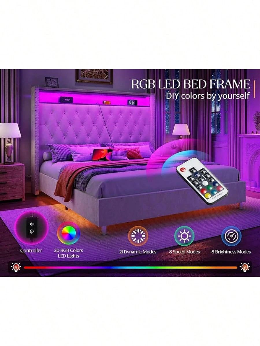 Queen/King Size Velvet Upholstered Platform Bed With Wingback Design, Integrated LED Lights, Charging Station, And Under-Bed Motion Sensor Lighting – No Box Spring Required, Built-In Storage, Black