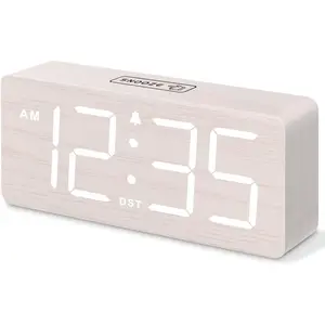 Wooden Digital  Clock for Bedroom - Desk Clock for Living Room with Large Numbers, Dimmer, Loud  for Heavy Sleepers with Volume Control, DST, Office  Decor (Plug in Clock)