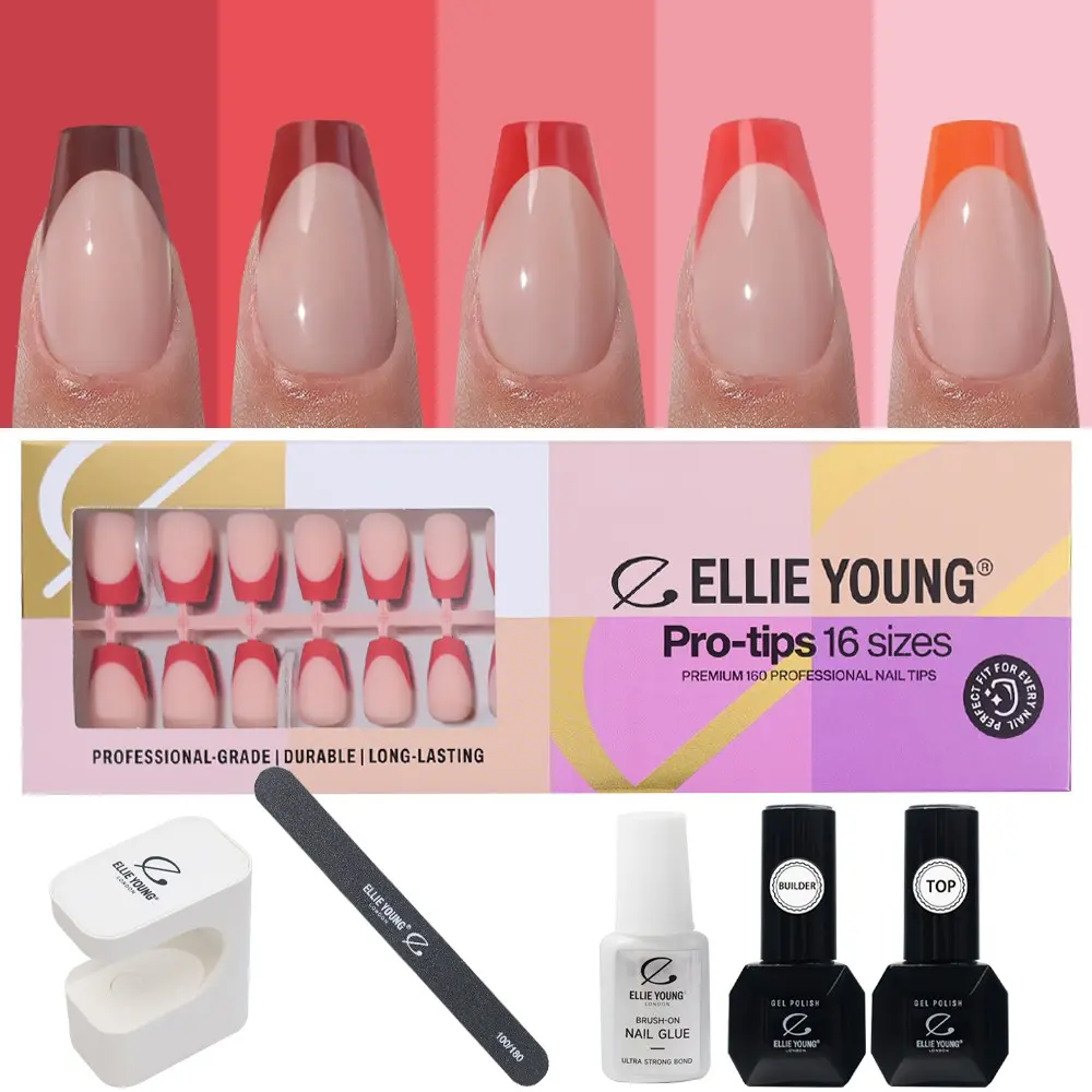 ELLIE YOUNG ProTips Medium Coffin Red Pastel French Tips, 160pc Press-On Nails Kit – 16 Sizes, Matte Gel Acrylic Look, Soft Gel DIY Extensions