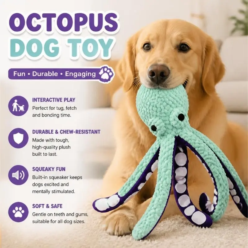 Octopus Squeaky Interactive Chew Dog Toy.Relieves Boredom and Polishes Teeth, the Happy Planet for Destructive Dogs