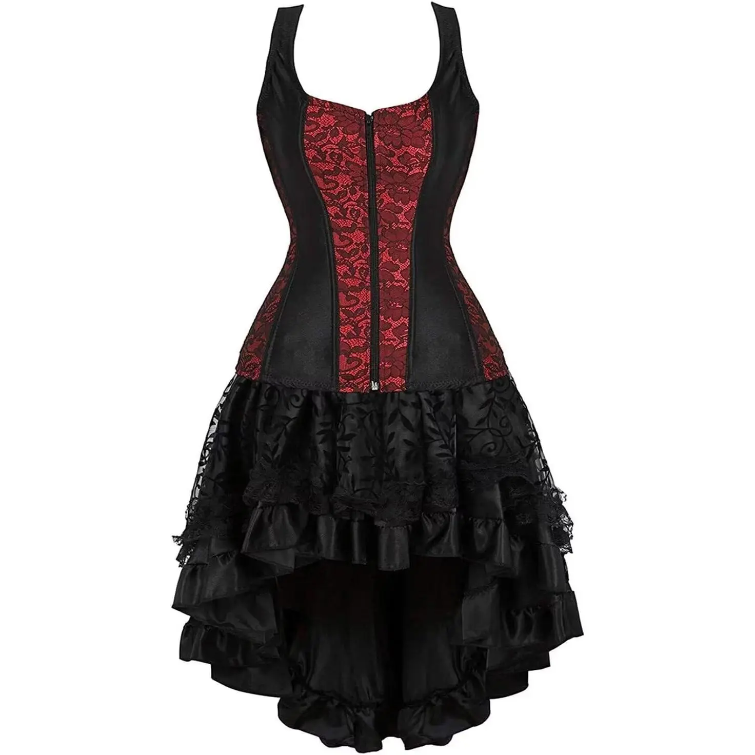 JUTRISUJO Women's Plus Size 2-Piece Vintage Fashion Casual Costumes - Lace Shoulder Strap Bustier Waist Cincher Top with Front Zipper & Cropped Short Skirt, Elegant Witch Renaissance Medieval Outfit for Halloween Pirate Themed Events (Blue, Purple, Red)