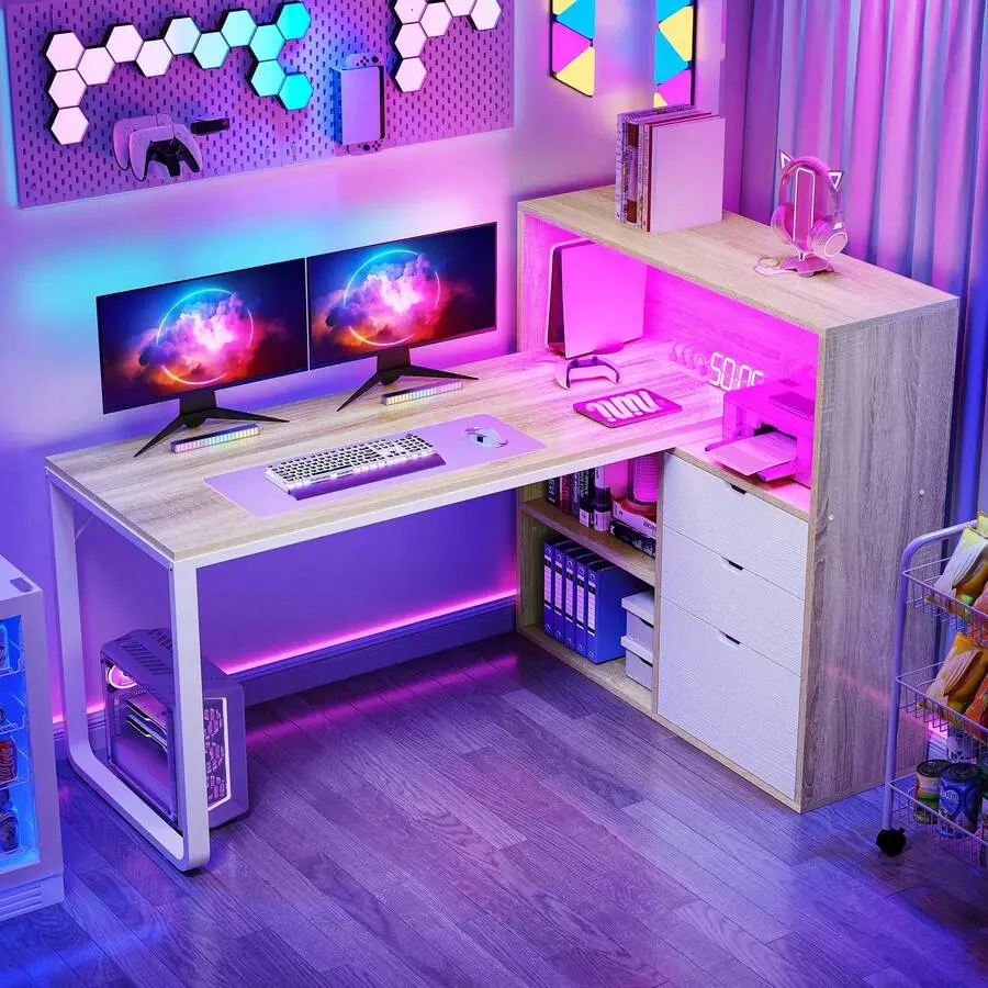 55" Corner Computer L Shaped Desk With File Cabinet & LED Lights, Gaming Dessk With Power Outlets, Home Office Desk Office, Study Room