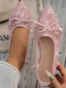 Women Pointed Toe 3D Floral Lace Flat Shoes, Breathable Mesh Slip On, Wedding Bridal Ballet Flats, Casual All Seasons Footwear