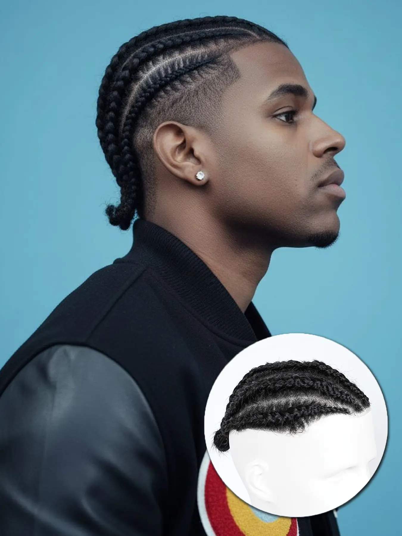 Men’s Cornrow Braids Wig, V-Looped Design & Ultra-Thin PU Top Patch Base, 100% Human Hair, Invisible Scalp Blend, Targeted Coverage for Receding Hairline & Crown Thinning, Perfect for Daily Wear, Workouts, Casual Outings & Party Events