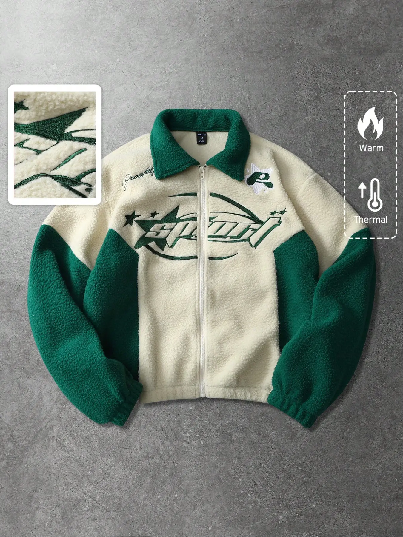 Retro Color Block Sherpa Fleece Zip Up Jacket Men Y2K Sport Star Embroidery Warm Thermal Teddy Coat Casual Streetwear Loose Fit Outwear for Gym Camping Daily Wear