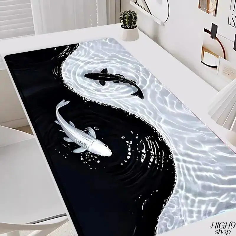 Extra Large Yin Yang Koi Fish Waves Gaming Desk Mat, 35×16 Inch Non-Slip Rubber Mouse Pad With Stitched Edges, Stylish Desktop Accessory For Home Office, Perfect Christmas Holiday Gift For Gamers