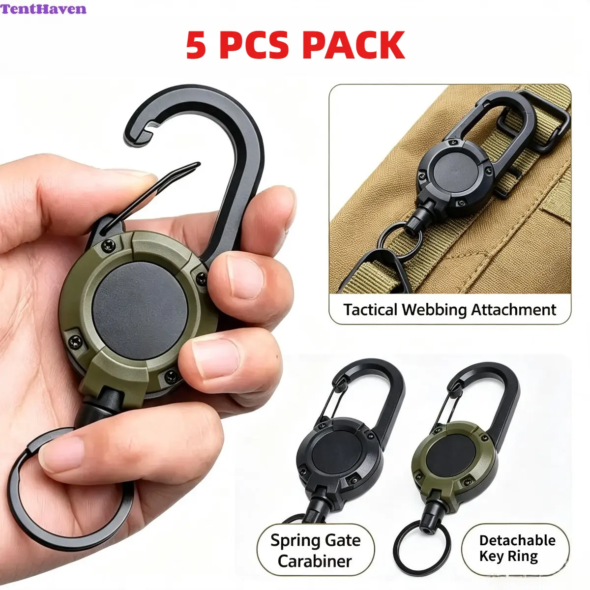 5-Pack Heavy Duty Retractable Keychain Reel, Keychain Lanyard with Steel Wire Pull, Carabiner Clip, 60cm Cord, Sturdy Aluminum Snap Lock for Work, Outdoor Climbing, Fishing Gear, Pull Keys, Auto-Wind, Steel Wire Rope Resists Daily Wear