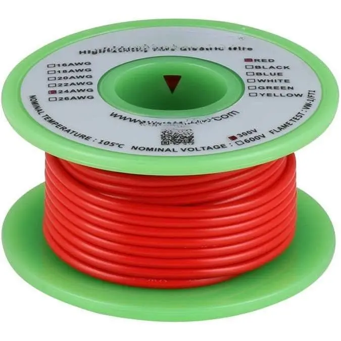 24 Gauge PVC Solid Electric Wire Red 25 ft Hookup Wire | 24 AWG Solid Core Tinned Copper Wire, PVC Insulation, Withstands Up to 105°C, For Arduino, breadboard projects, Model