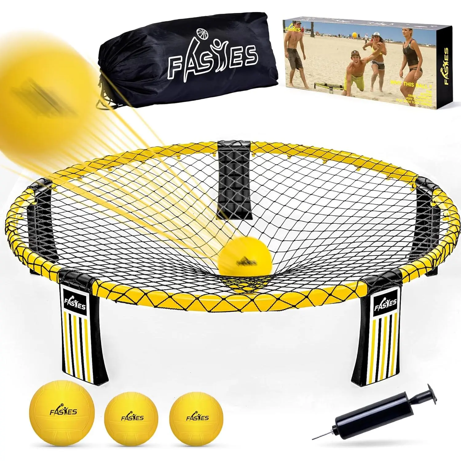 Roundnet Beach Play Game Set - Family Size, Includes 3 Balls, Net, Carrying Bag - For Adults, Kids - Perfect for Beach, Yard
