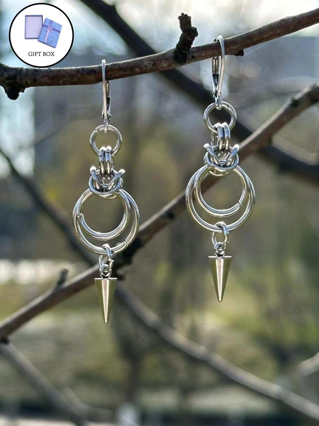 Y2K Stainless Steel Double O-Ring Spike Earrings, Fashion Punk Earrings, Gift Box Packaging, Trendy Jewelry for Women, Perfect for Gifts and Special Occasions