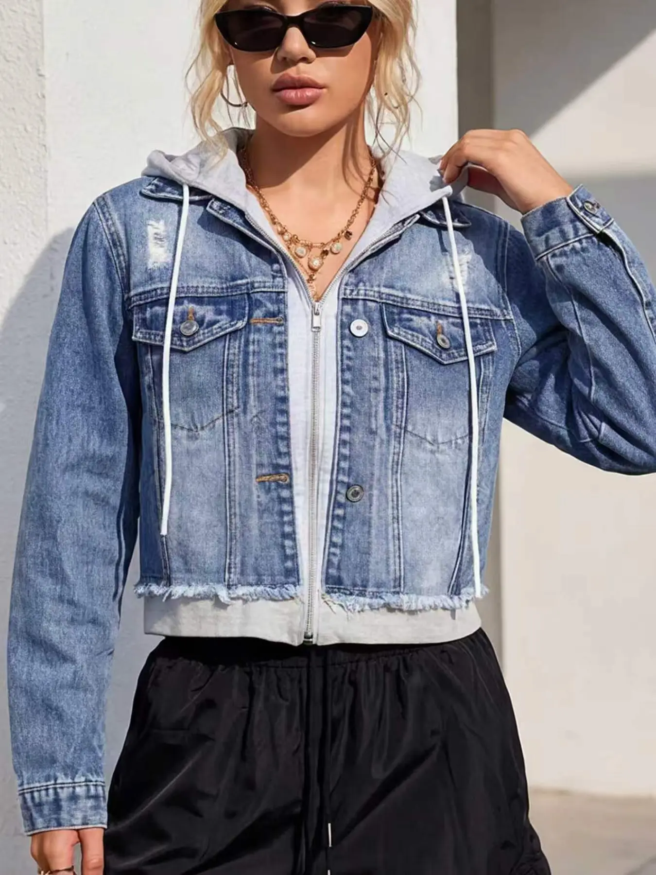 American Street Fashion Plain Denim Jacket for Women, Pocket Drawstring Ripped Design, Fall Winter Outerwear for Stage Concerts Travel Daily Wear