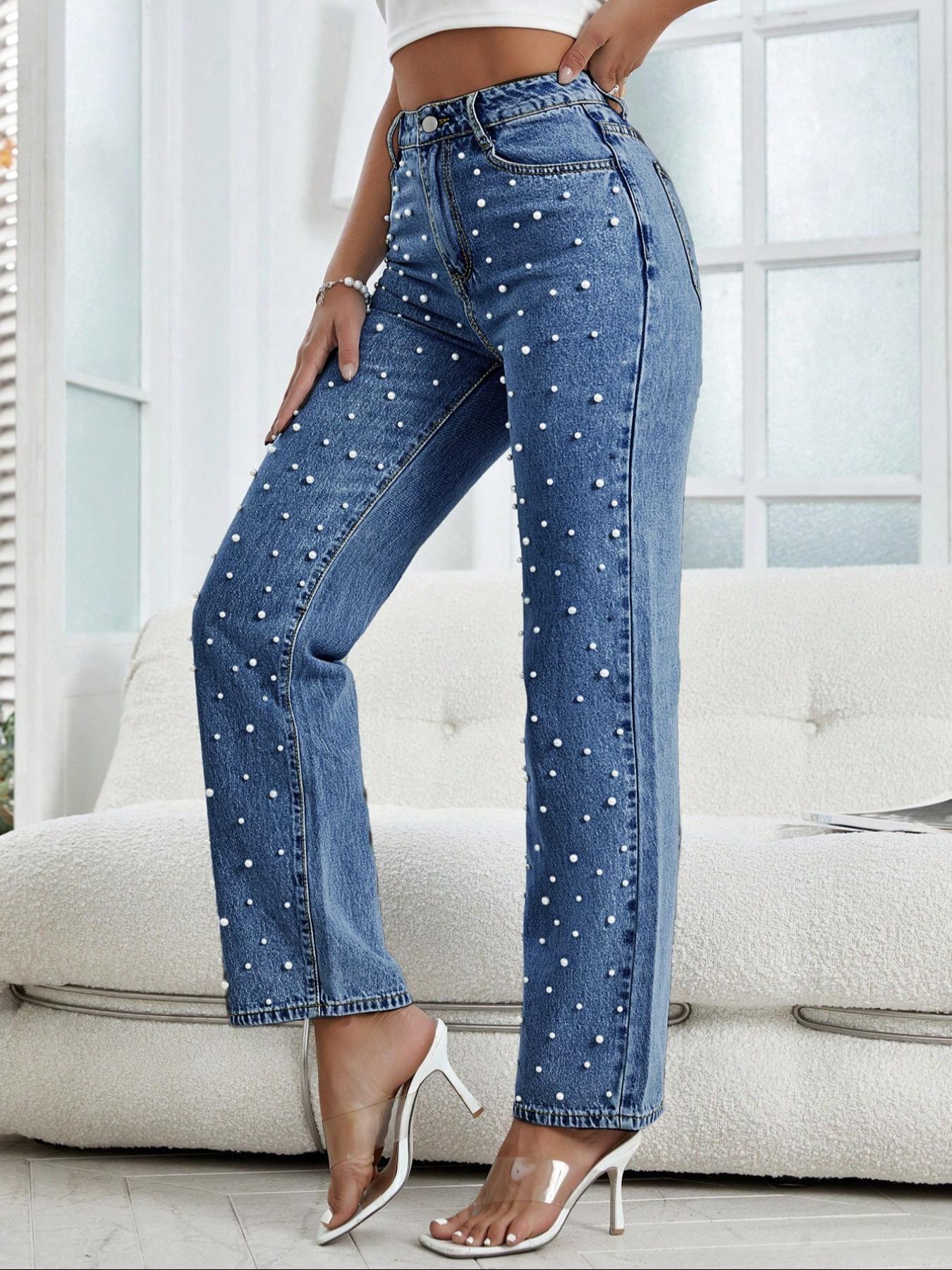 Women's Faux Pearl Decor Button Fly Denim Jeans Pants, Casual Comfy High Waist Pocket Design Jeans for Daily Wear, Ladies Bottoms for All Seasons
