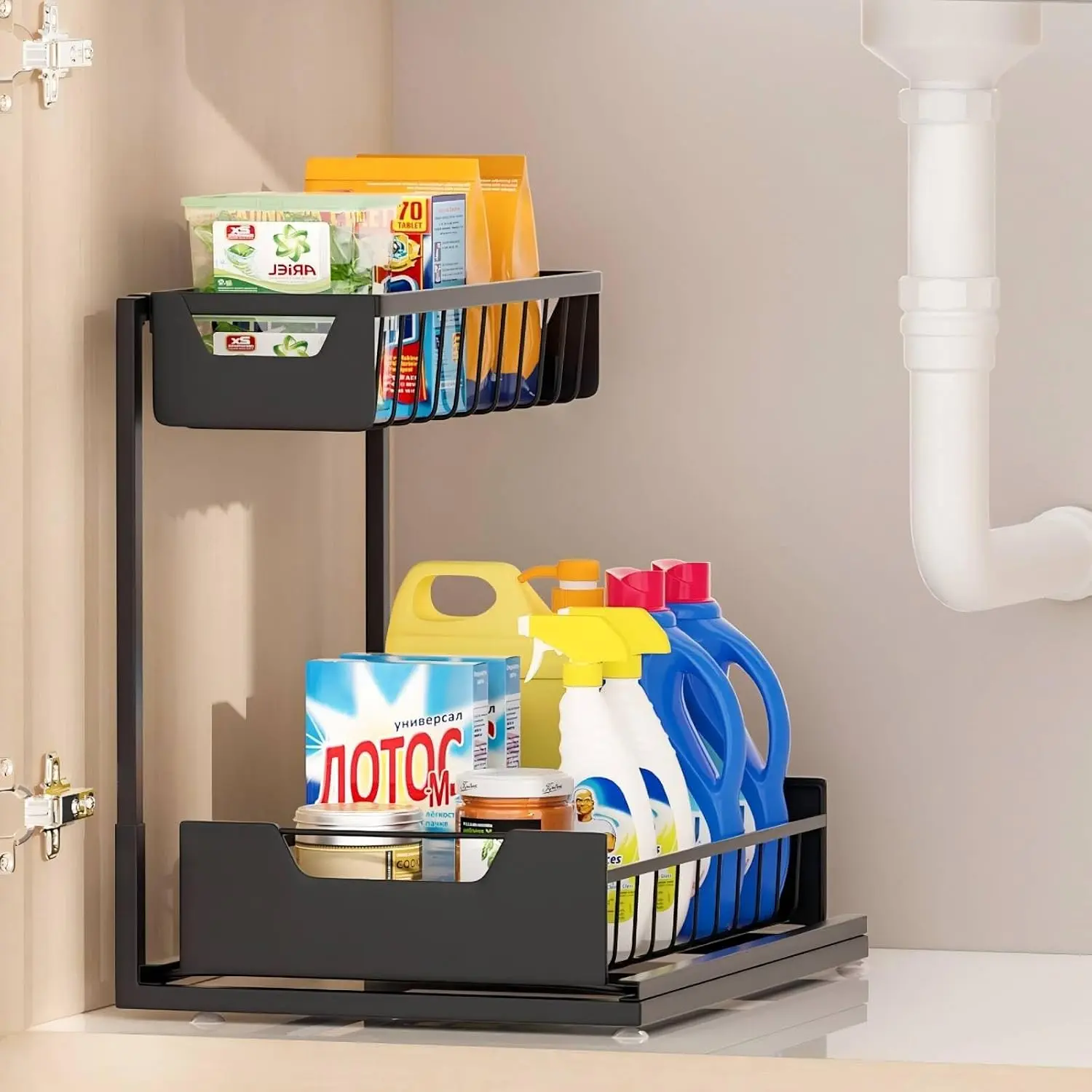 Under Kitchen Sink Organizers and Storage, Black, 1 Pack | Slide Out Drawer, L-shape, 2 Tier, Cabinet Organizer for Kitchen Bathroom