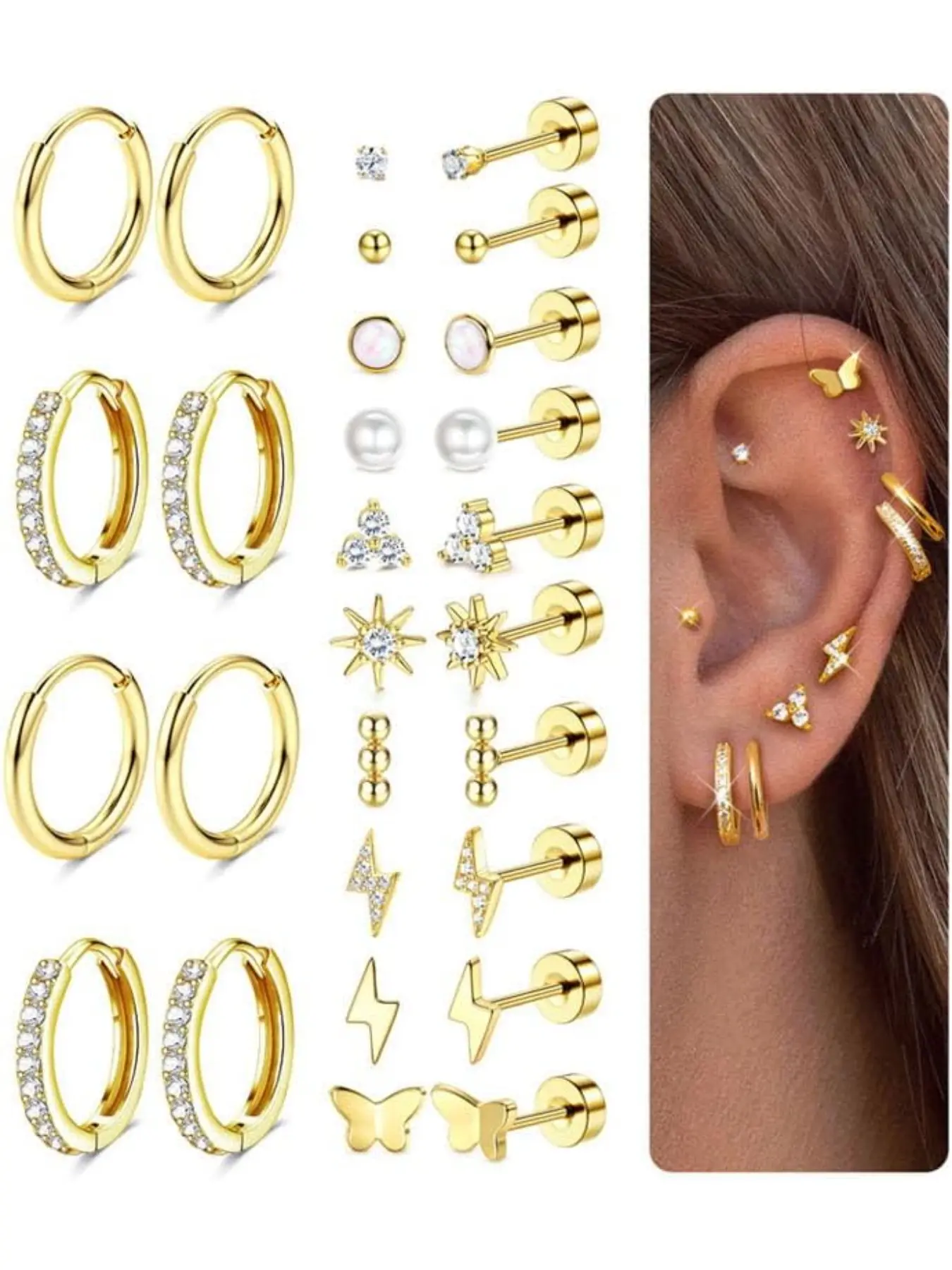 Flat Back Gold Earrings for Women Trendy Hypoallergenic Steel Earrings for Sensitive Ears-20G Cartilage Earring Stacks Gold Plated Small Flatback Stud Hoops Cartilage Earring Set