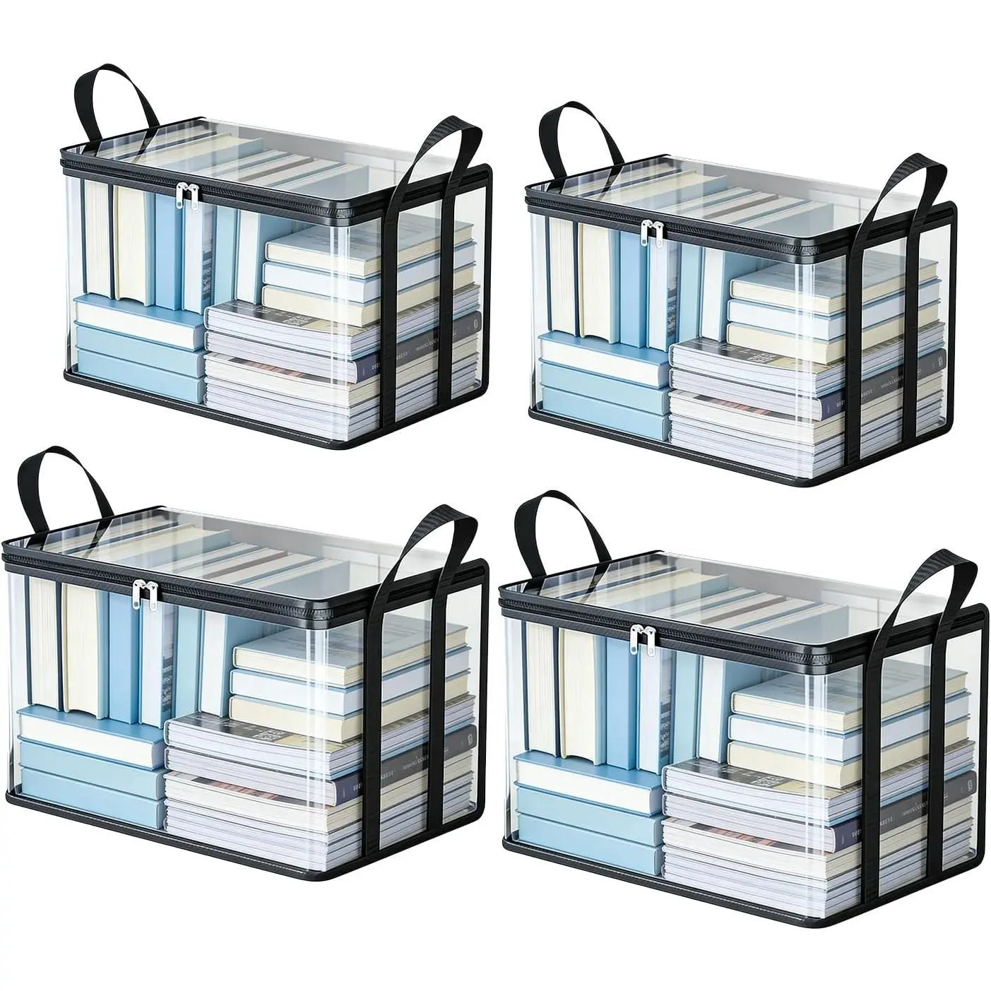 4 Pack Clear Comic Book Storage Containers, Black 15x9.5x12.5 in Collapsible Clear Vinyl Storage Bags Bins with Zipper & Handles for Books, Media, Blu-Rays & Office