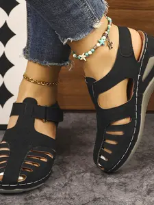 New Women's Hollow Out Velcro Wedge Sandals, Adjustable Comfortable Summer Shoes, Wide Fit Large Size, Soft Sole, Multiple Colors Available