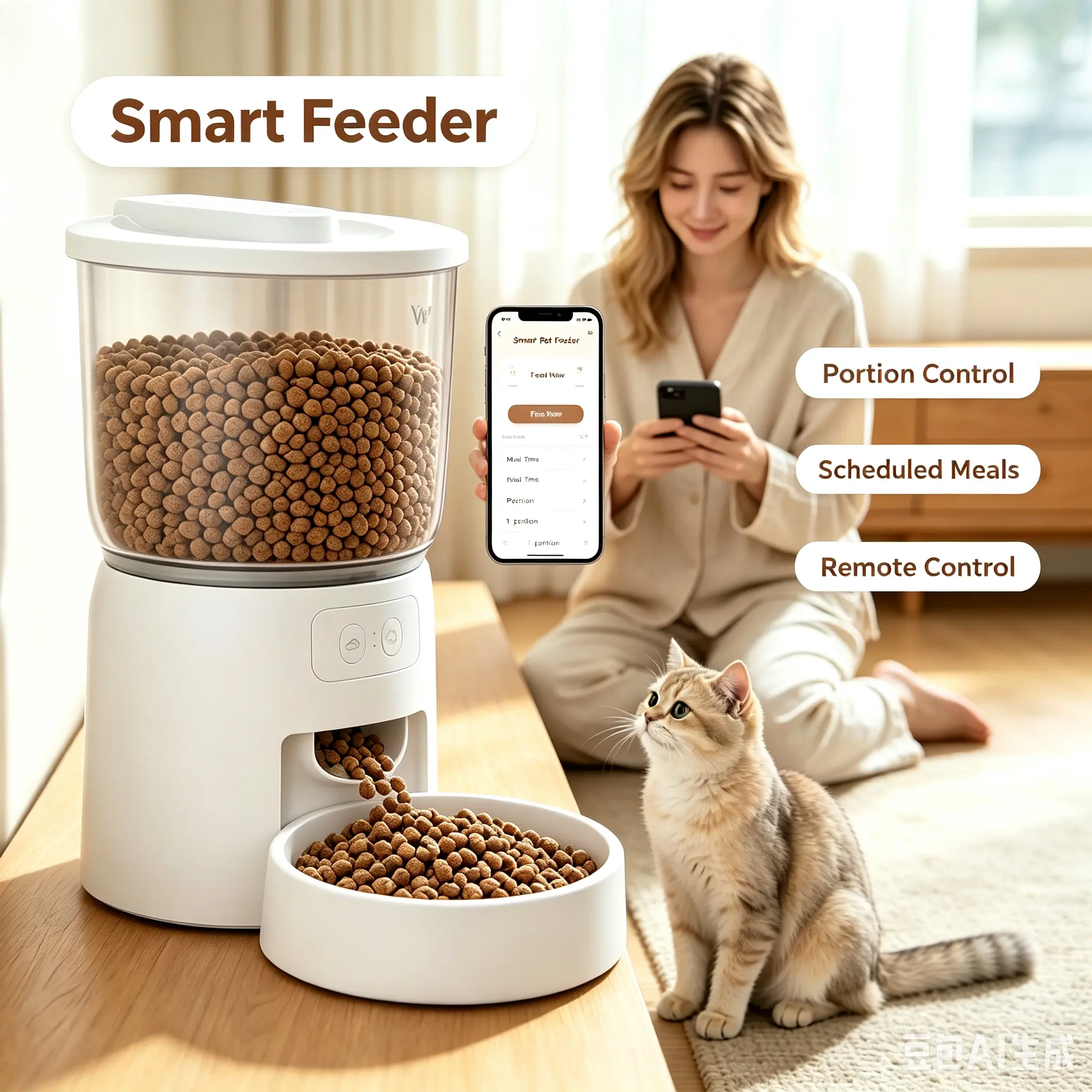 3L Timed Automatic Cat Feeder, 2.4GHz Wi-Fi App-Controlled Dry Food Dispenser, 1-10 Meals/Day, 1-36 Servings, Fresh-Keeping Dry Bag, Suitable for Cats & Dogs