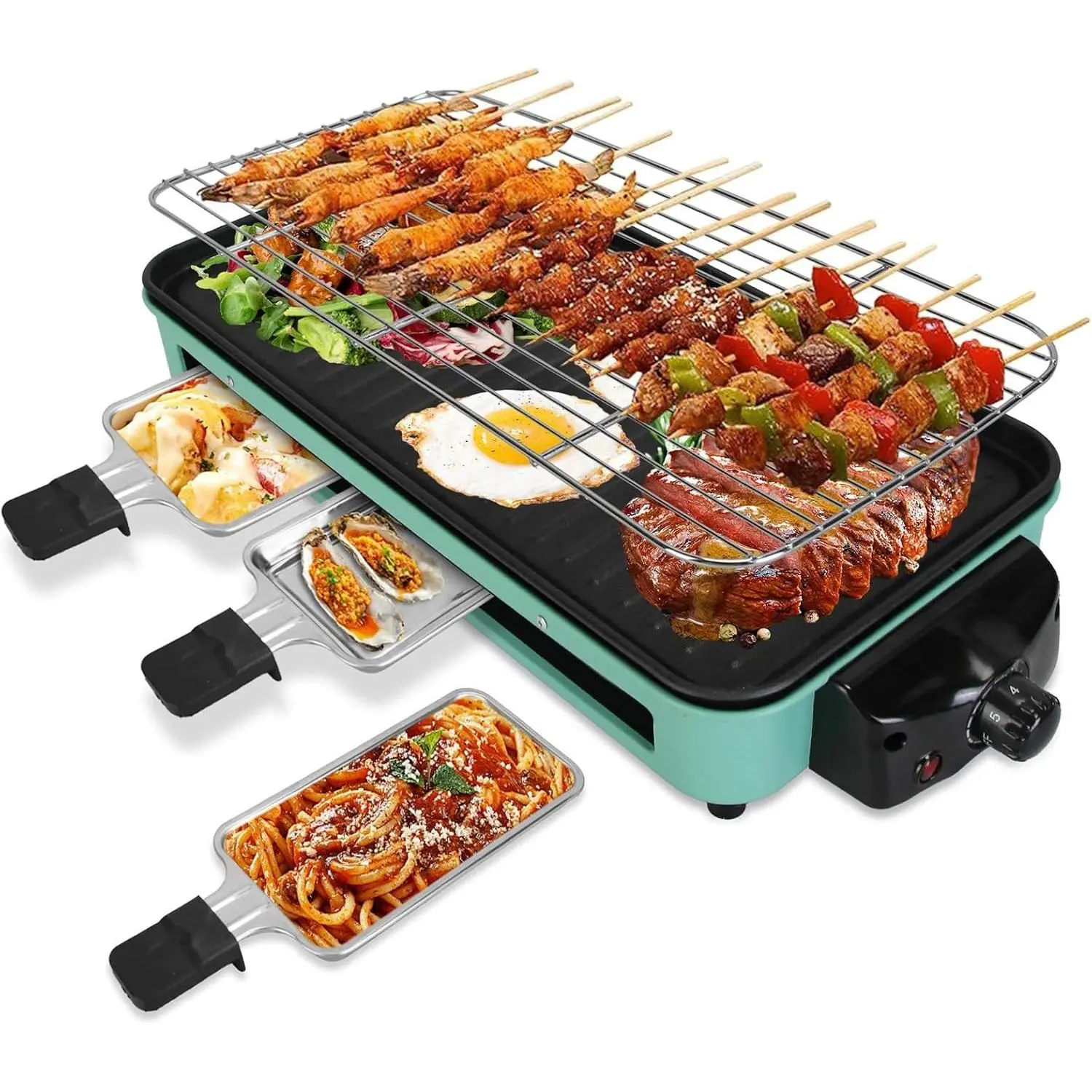 1500W 2-in-1 Electric Indoor BBQ Grill with Grill Net & Non-Stick Removable Cooking Plate, Portable Korean BBQ Grill for Kitchen with Adjustable Temperature Control