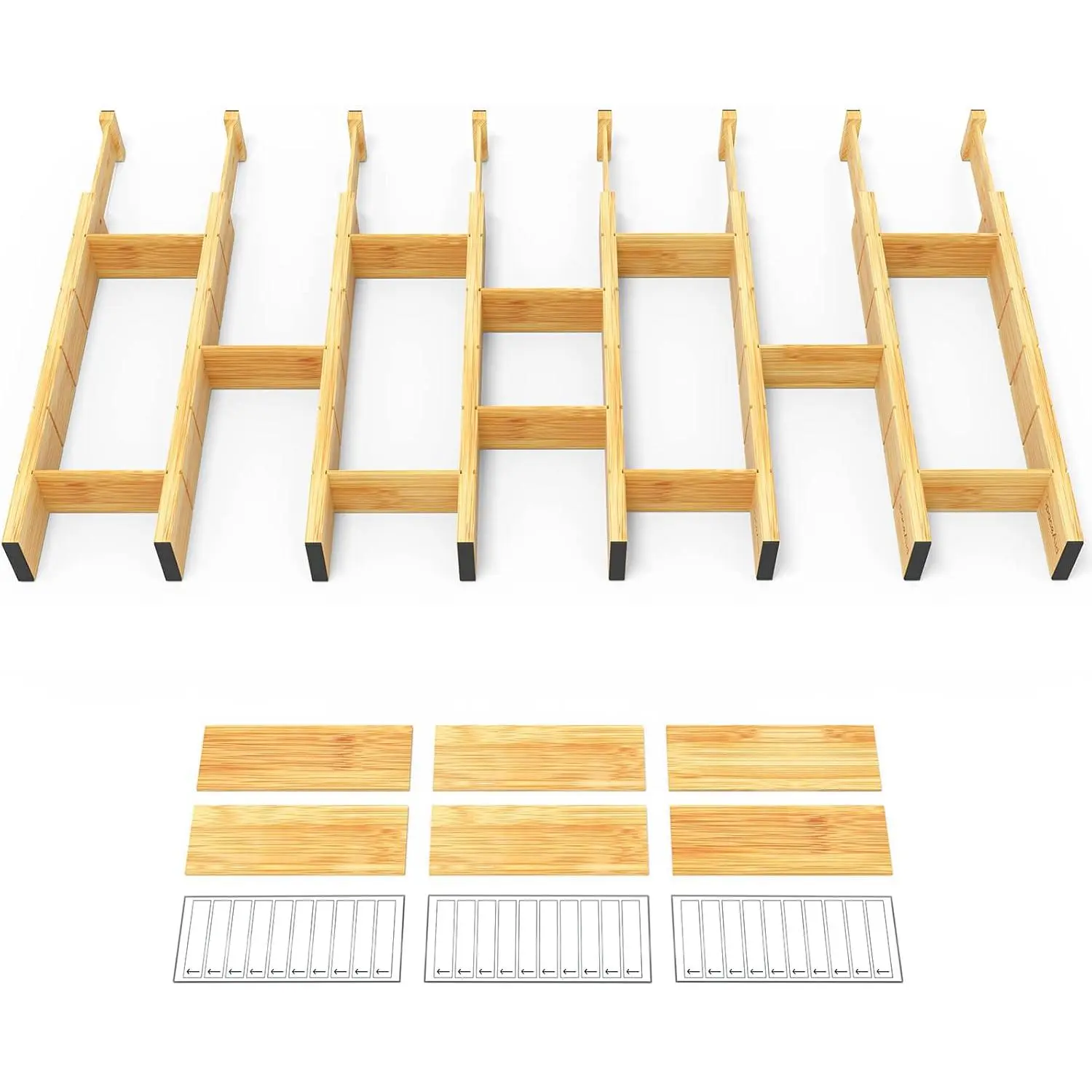 Bamboo Drawer Dividers with Inserts and Labels, Kitchen Adjustable Drawer Organizers, Expandable Organization for Home, Office, Dressers and Bathroom, 8 Dividers with 18 Inserts (17-22 in)