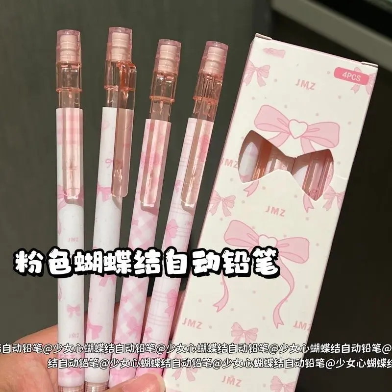 4-Pack pink bow automatic pencil 0.5mm cute Kawaii Mechanical Pencil Set Cute School Supplies student learning stationery, handbook notes drawing, girls' school gifts
