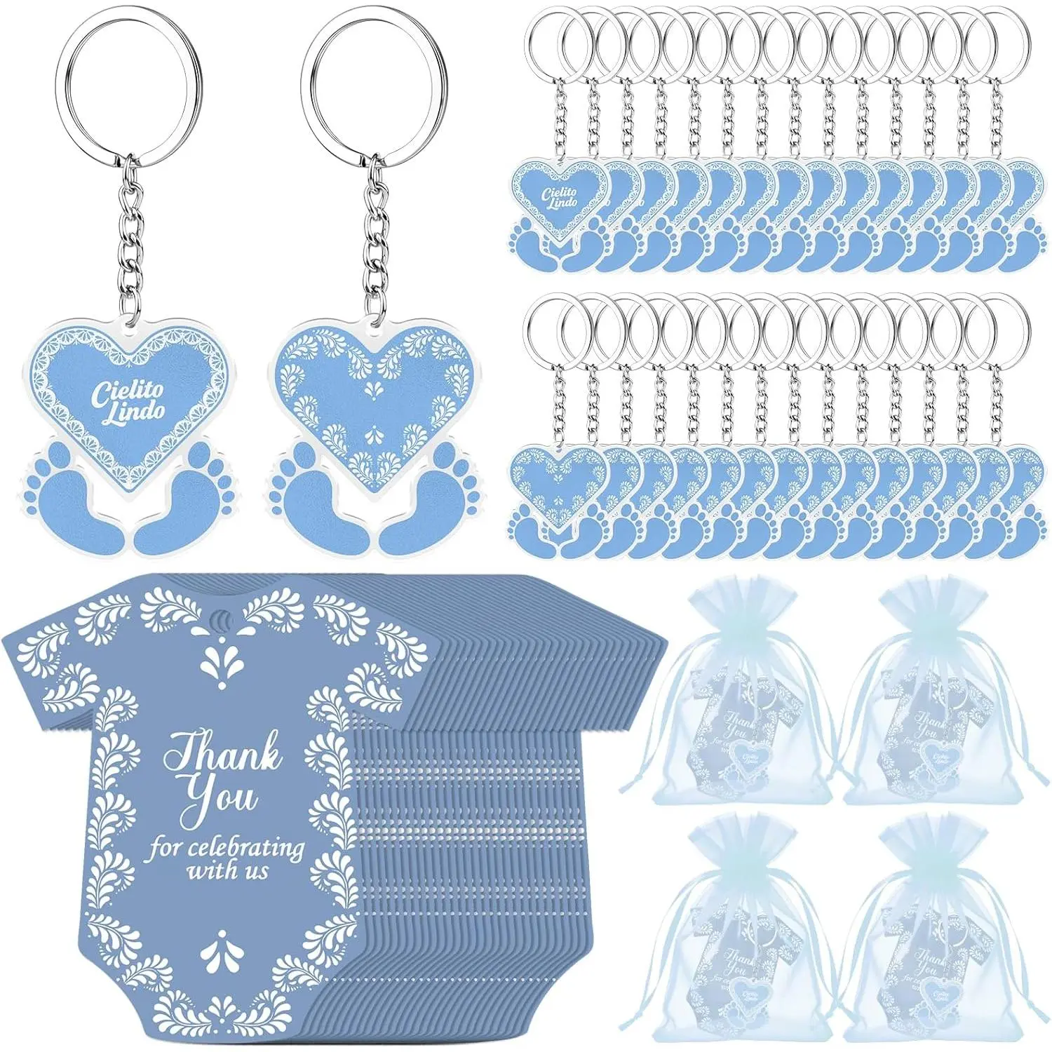 30-Pack Cielito Lindo Mexican Theme Party Baby Shower Favor Kits - 5x8cm Heart Footprints Scratch-Resistant Acrylic Keychain Collectibles (Pre-Punched Holes), 9x12cm Thank You Cards, Blue Organza Bags (Durable, Fade-Resistant) for Guests