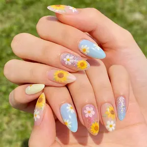 24pcs Long Almond Press-On Nails, Maroon Color Sunflower Design, Reusable Summer Daily Wear, Bright Floral Fake Nails for Women & Girls
