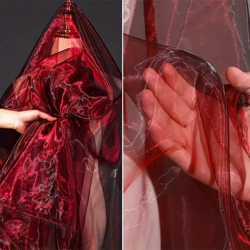 Luxurious Wine Red Iridescent Chameleon Organza Fabric, Glossy Maroon Color Shift Shimmer Sheer Mesh Cloth, DIY Sewing Material for Evening Gown, Graduation Dress, Stage Backdrop & Wedding Party Decor