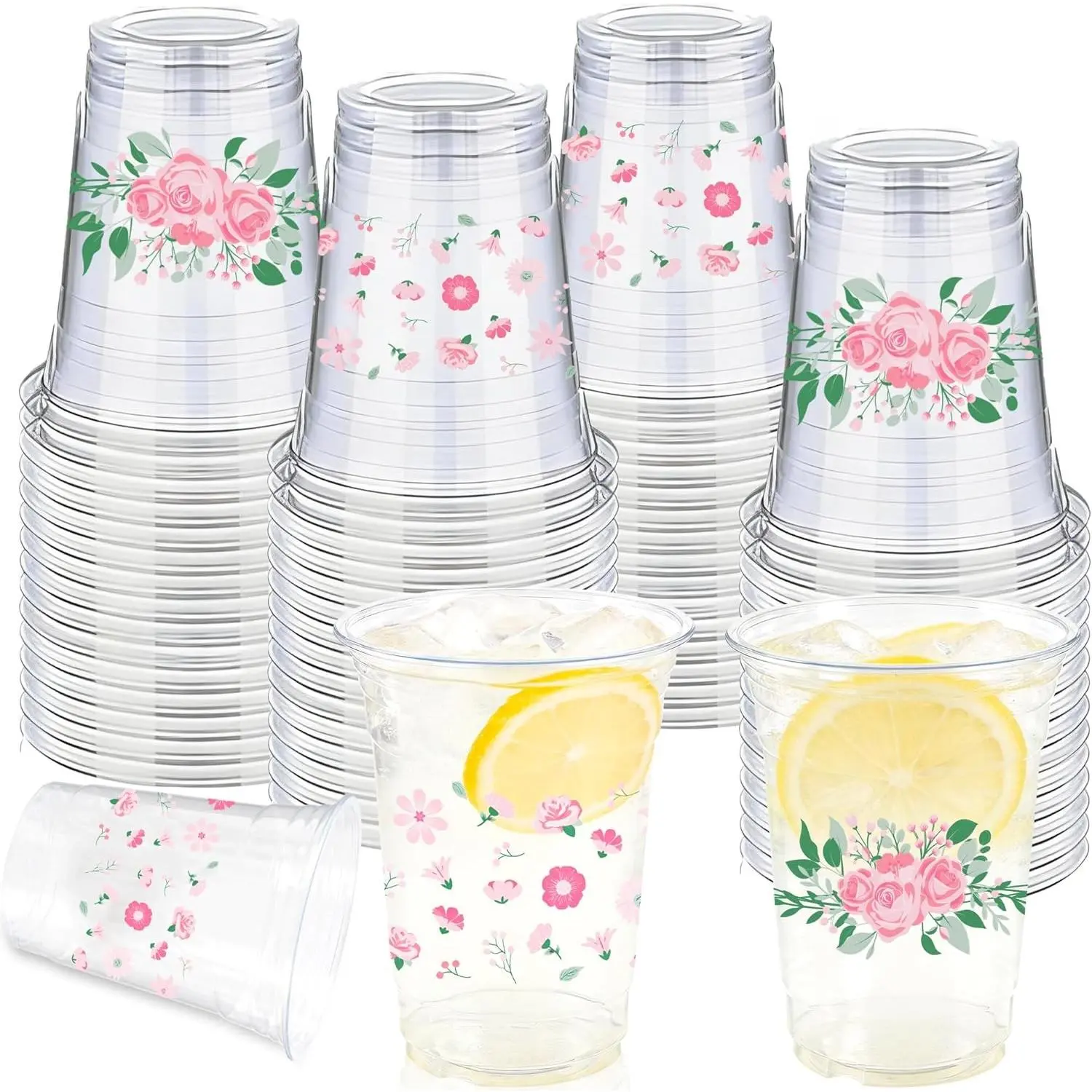 50 Pieces 16 Oz Floral Clear Disposable Plastic Cups Bulk Flower Drinking Cups for Spring Summer Birthday Wedding Party Favors Supplies