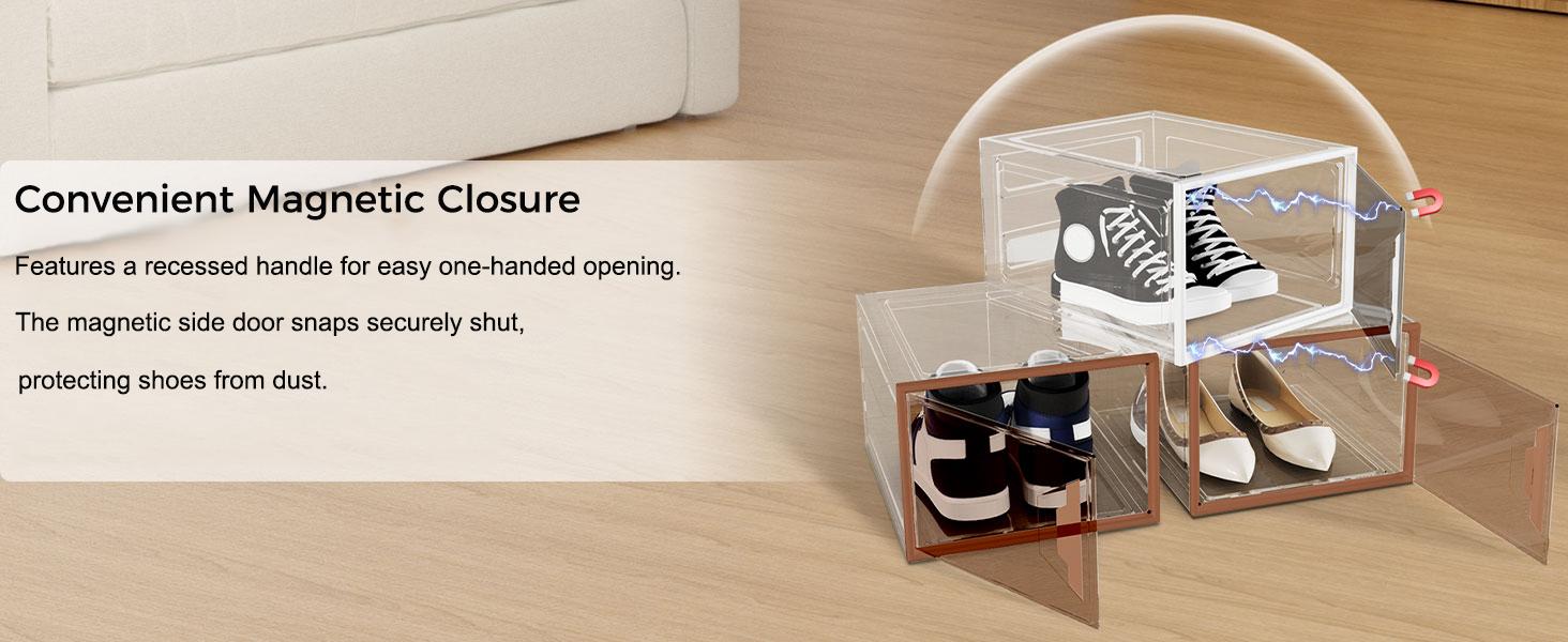 XL Large Stackable Shoe Boxes - Clear Shoe Boxes with Door, Thicken Shoe Organizer for Closet, Saving Foldable Shoe Containers Bins for Sneaker Boot - 6 Pack(White)