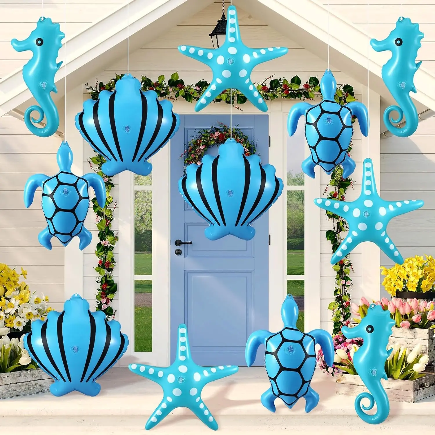 12 Pcs Summer Inflatables Outdoor Decorations Large Inflatable Starfish Seahorse Shell Turtle Hanging Ornaments Beach Party Decorations Giant PVC Ocean Animals Yard Decor for Indoor Outdoor