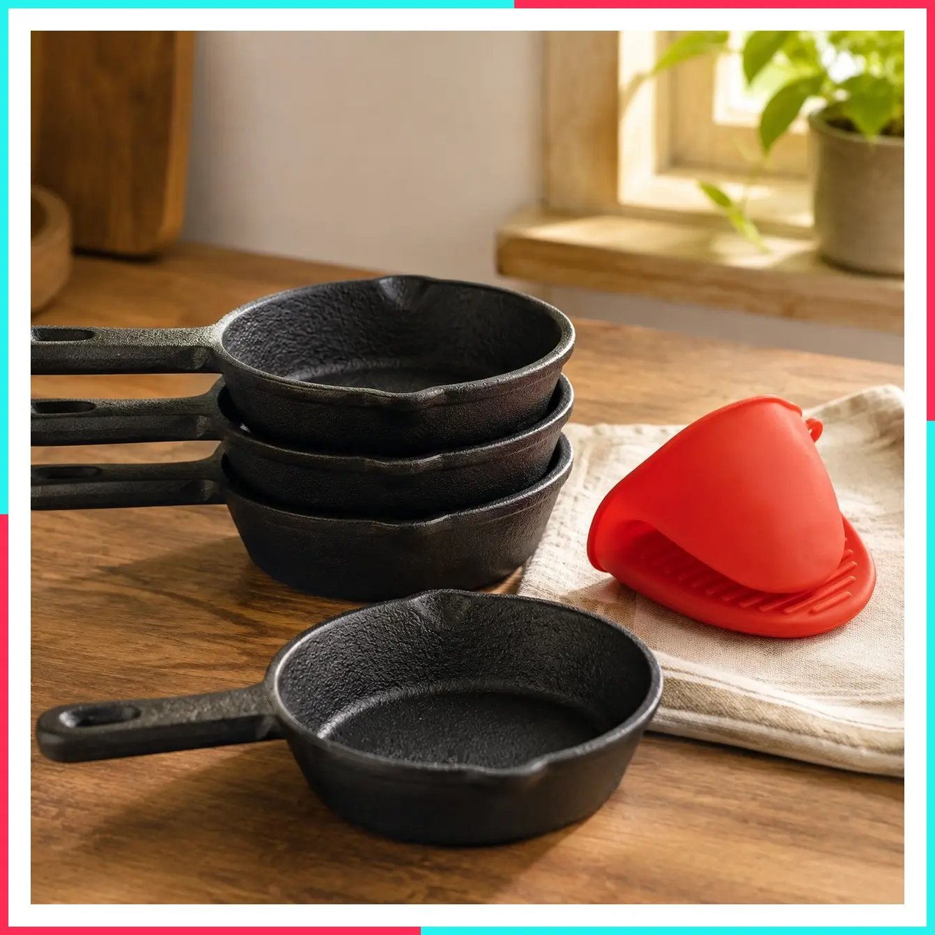 Mini Pre-Seasoned Cast Iron Skillet Set with Silicone Mitt (4 Count) - 3.5 Inch Pans for Baking Cookies, Brownies or Cooking Eggs