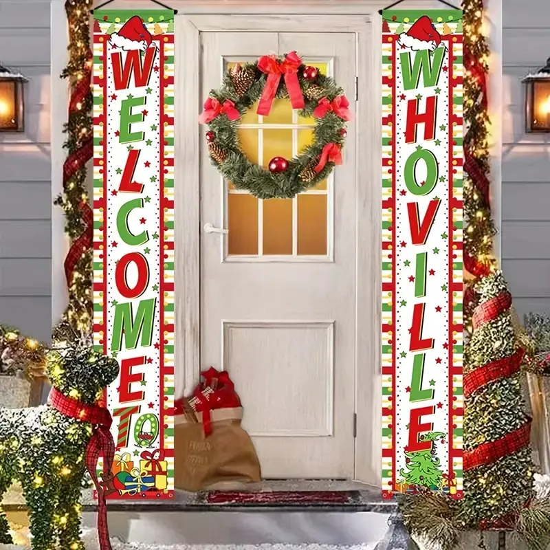 2pcs Whoville Polyester Welcome Door Flags, Durable Outdoor Christmas Decorations, Hanging Straps, Holiday Party Decoration