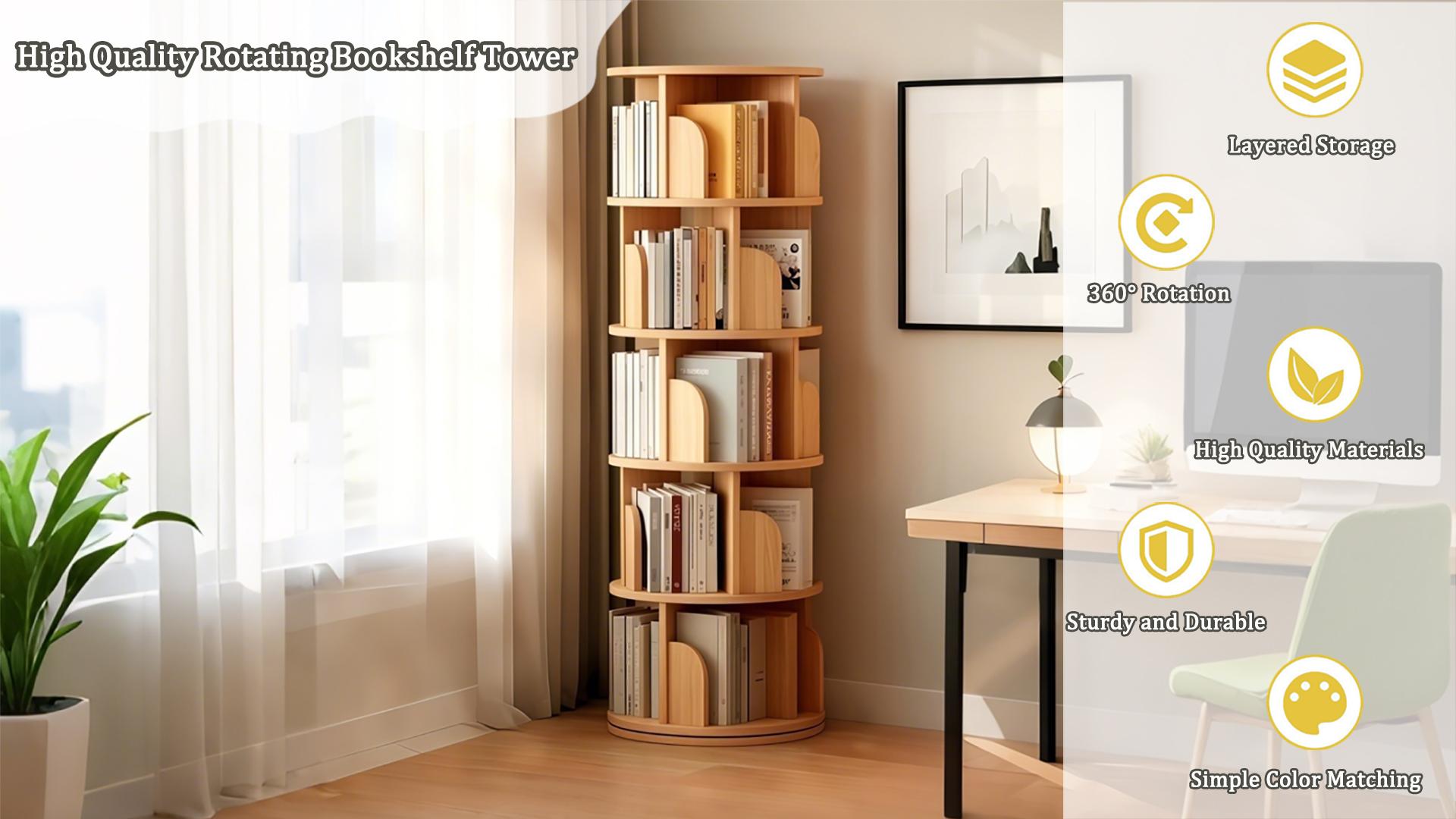 5 Tier Rotating Bookshelf, 360° Display Round Spinning Bookshelf, Space-Saving, Small Space Rotating Bookshelf Tower for Bedroom, Living Room, Home, Office