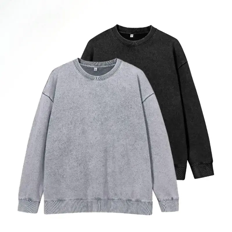 3 Pack Cotton Sweatshirt for Men, Crewneck Pullover Washed Vintage Style Top, Distressed Finish Long Sleeve Casual Clothing, Loopback Interior Fabric, Relaxed Fit Soft Cotton Apparel, Classic Streetwear Layering Wear, Comfortable Everyday Men's Fashion