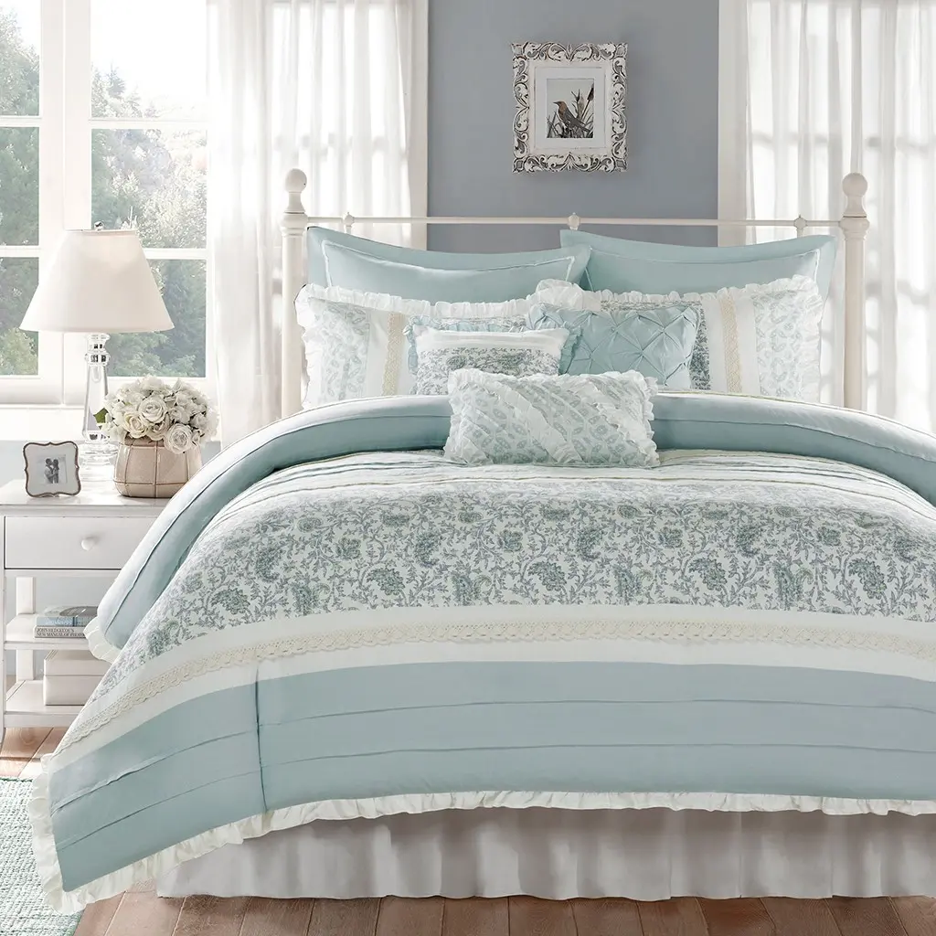 ARCH Queen 9 Piece Cotton Percale Duvet Cover Set, Soft Breathable Bedding Set with Duvet Cover, Flat Sheet, Fitted Sheet, Pillowcases, Shams, Bed Skirt, Lightweight Hotel Quality Bed Linen for Master Bedroom, Guest Room, All Season Comfort