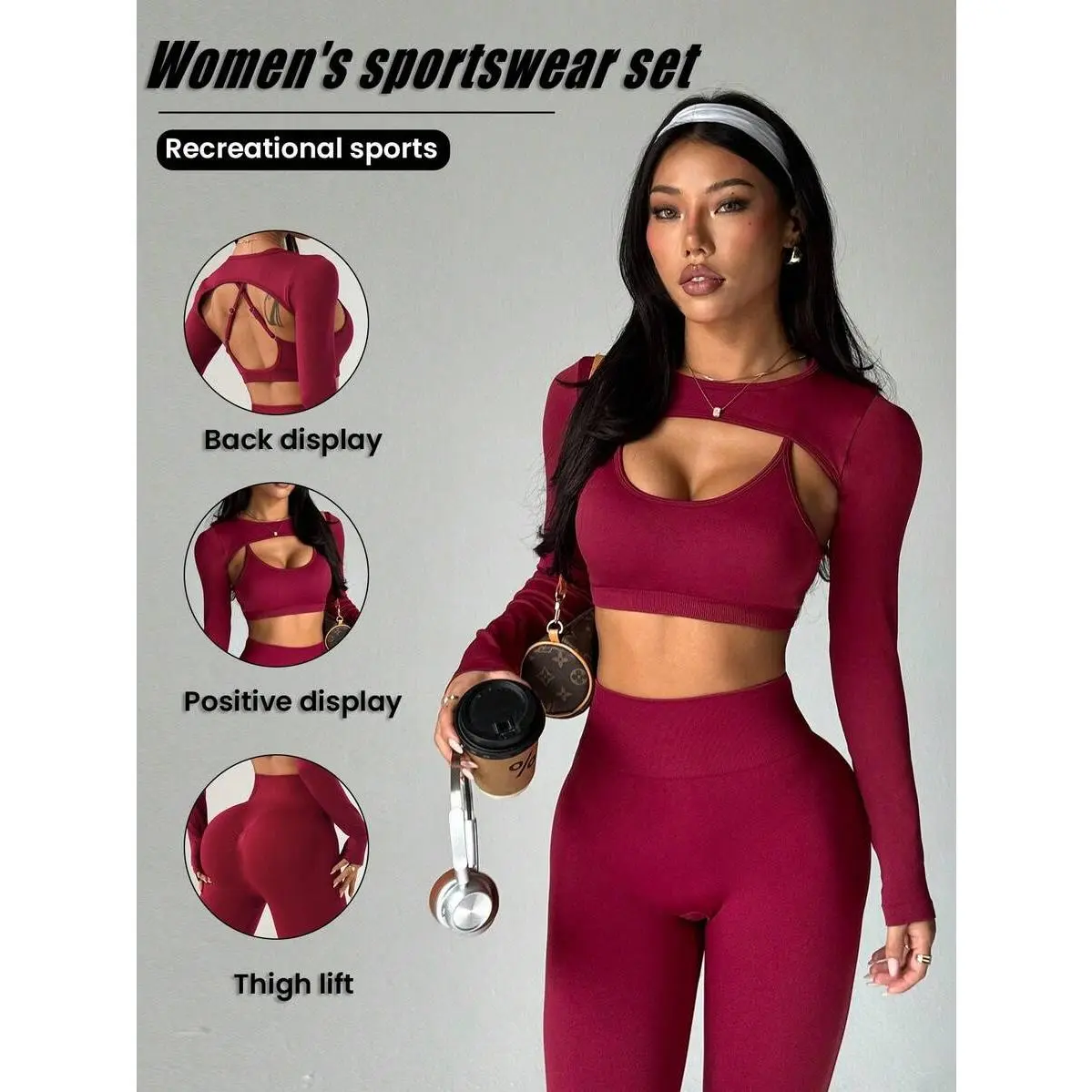 Women's 3-Piece Burgundy Autumn Gym Workout Set,Seamless Yoga Suit With Back Bra,Long Sleeve Crop Top & Tummy Control Leggings,Sports,Backless,Halter,Scrunch,Butt,stylish,activewear,,daily,outfit,,Insulated,Hunting,Camo,mfvim,woman,,athletic,
