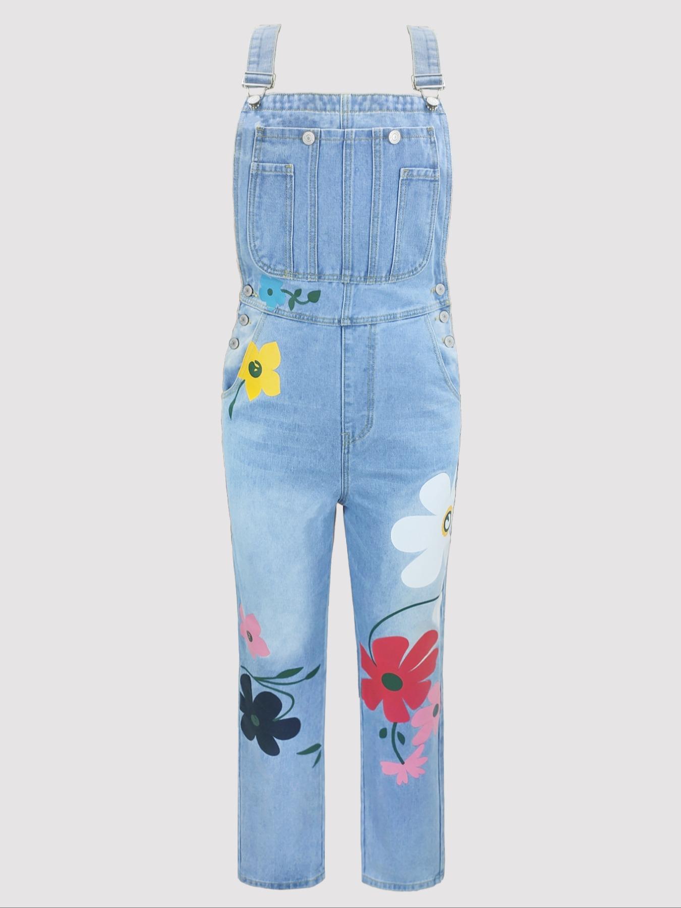 Women's Denim Jumpsuits in Spring, Summer and Autumn, Fit Comfortable and Loose Flower Design with Multiple Pockets, Trendy Street Casual Style, Suitable for Women's Daily Travel, Casual Sleeveless Overalls