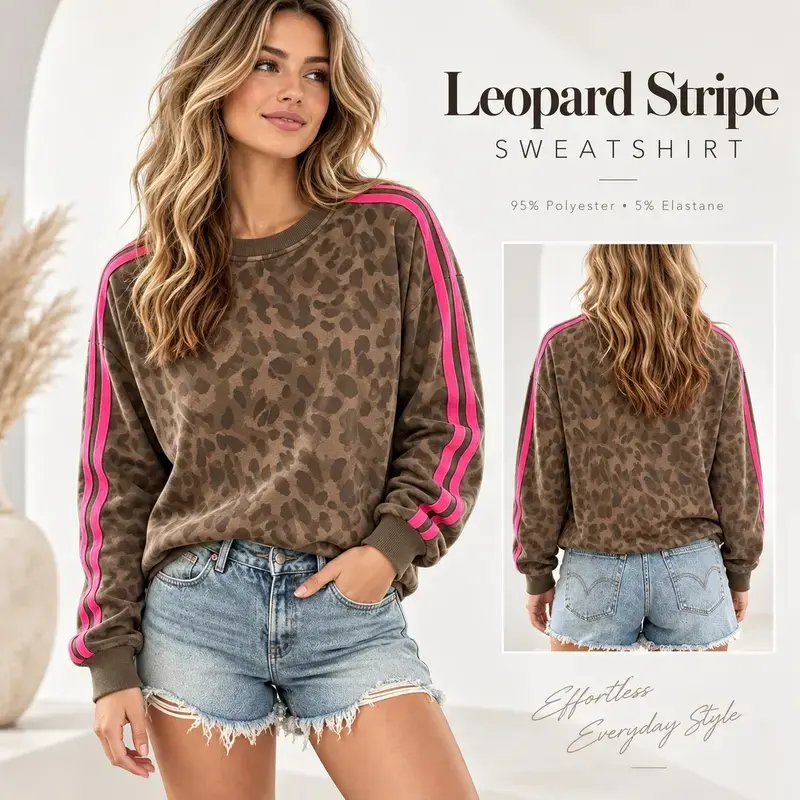 Women's Leopard Print Crewneck Sweatshirt - Pink Stripe Longsleeves, Relaxed Loose Fit Pullover, Trendy Y2K Sporty Streetwear, Fall Winter Everyday Outfit,sohochic
