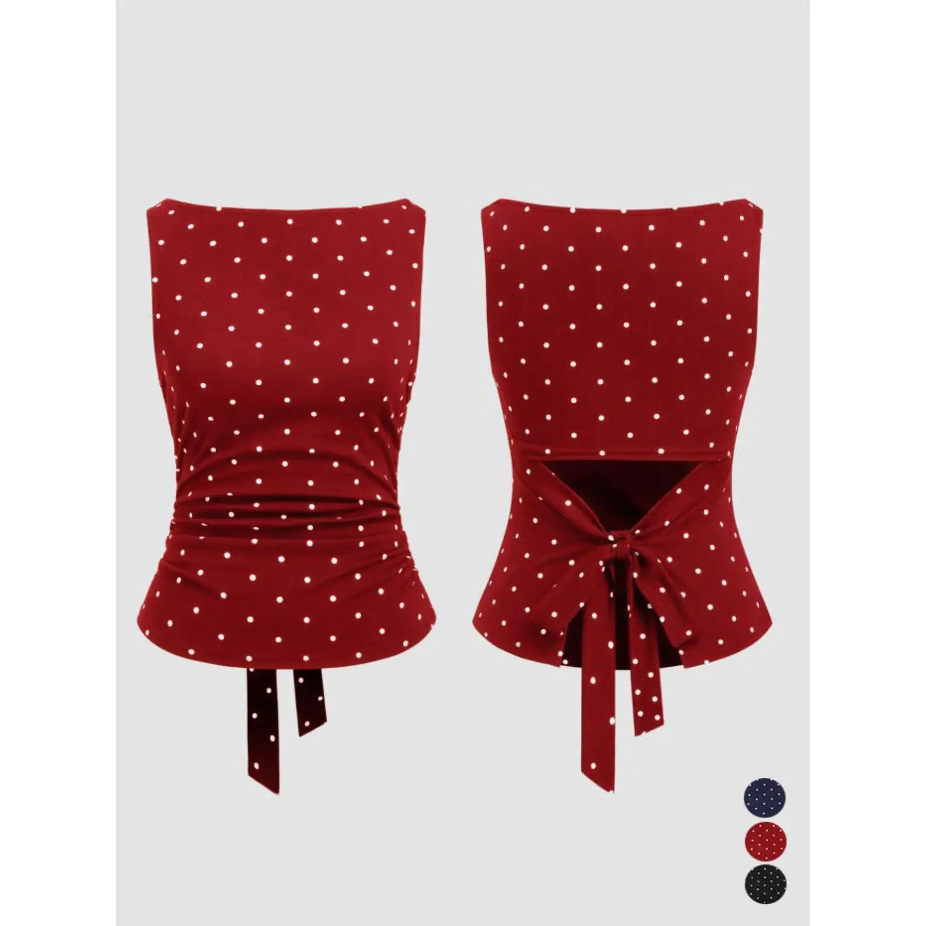 Women's Polka Dot Tank Top, Summer Sleeveless Knot Design, Y2K Style, Slim-Fitting, Round Neck, Back Tie, Casual Wear, Crop Tops, Elastic Tank Top