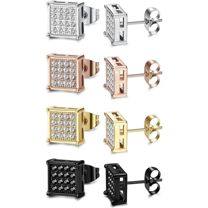 FIBO STEEL 4/8 Pairs 316L Stainless Steel Square CZ Stud Earrings for Men Women 6-8MM AAA+ Shiny Cubic Zirconia Earrings Set