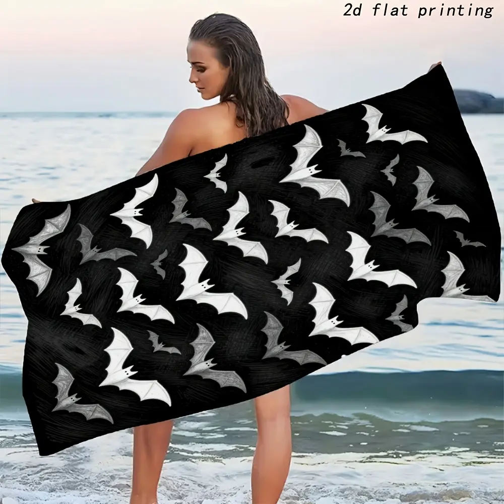Single Halloween Bat Print Polyester Beach Towel - Quick-Dry, Sand-Free, Lightweight, Large Bath Towel for Goth Lovers, Ideal for Halloween Party Gifts