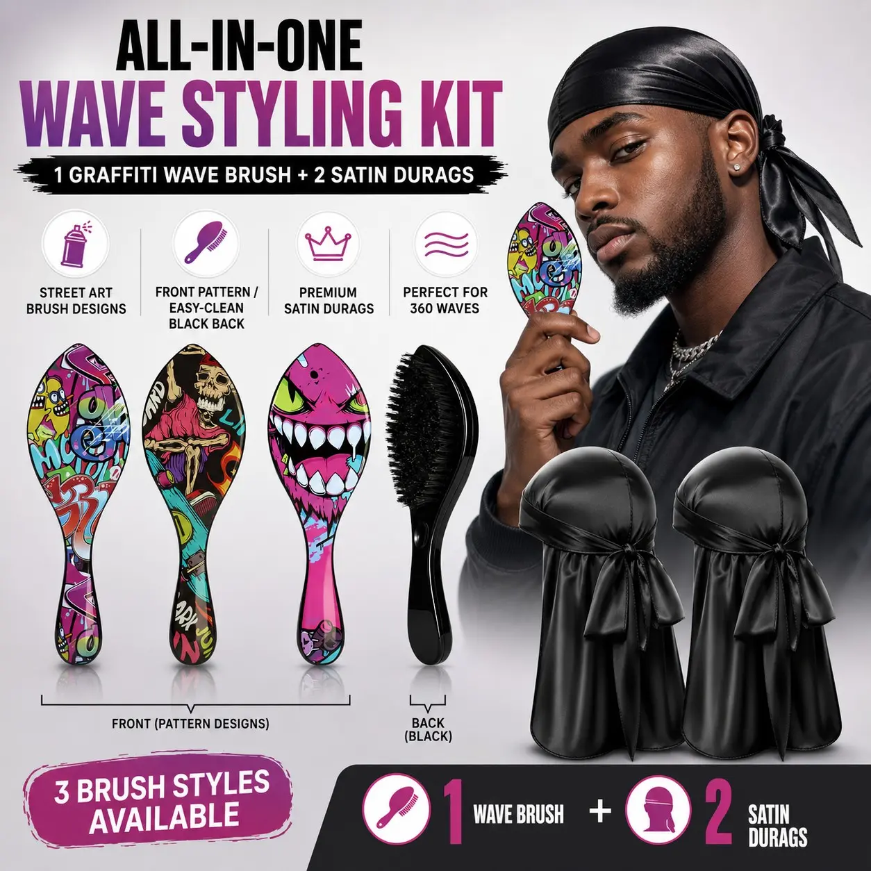 All‑in‑One Wave Styling Kit for Men, 1 Graffiti Pattern Wave Brush + 2 Satin Durags, Multiple Patterns Optional, Hair Grooming Set for 360 Waves Daily Home Use