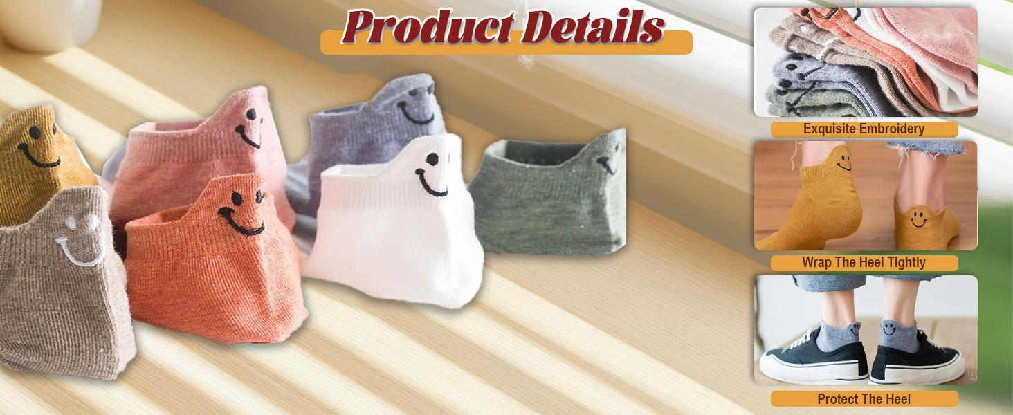 Smiley Face Socks 10 Pairs - Women's Cute Embroidered Ankle Socks, Kawaii Cotton Low Cut Socks for Daily Wear
