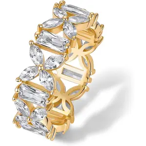 14K Gold Plated Marquise Eternity Rings for Women - Cubic Zirconia Chunky Stackable Wedding Ring - Statement Baguette CZ Gold Wedding Bands for Women - Promise Band Bridal Jewelry