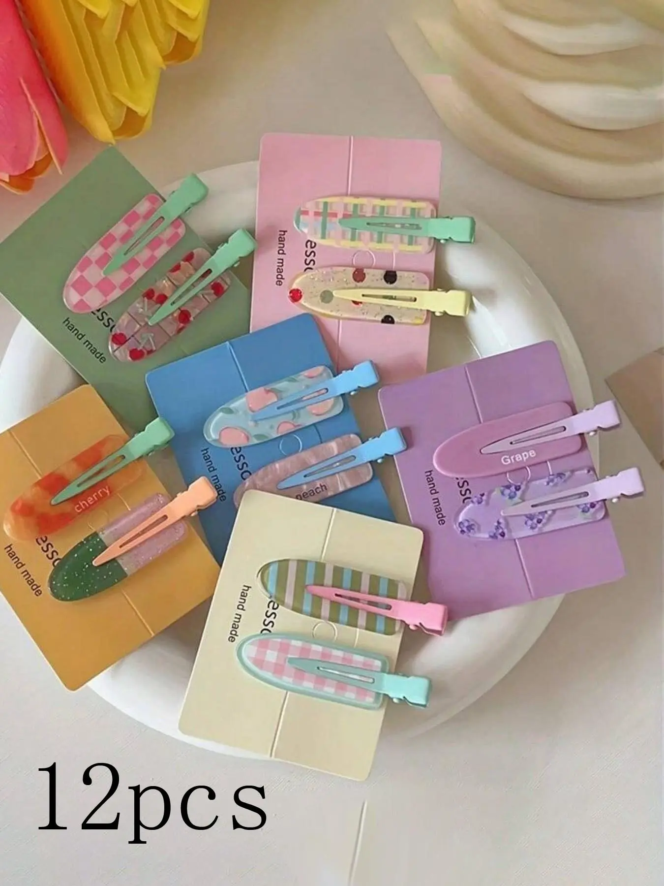 12pcs Dopamine Aesthetic Fruit Hair Clips, Colorful Sweet Summer Hair Accessories, Cute Non-Crease Styling Clips for Bangs