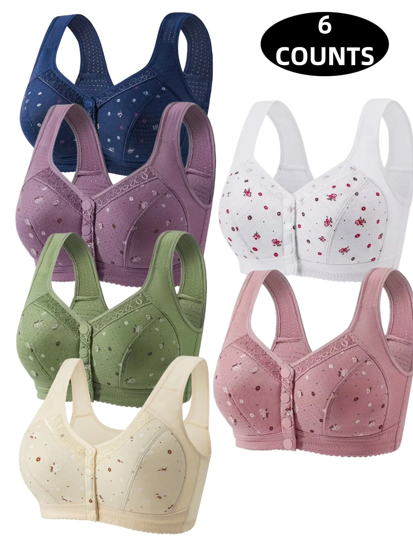 6-Pack Women's Lace Seamless Everyday Bras, Wire-Free Front Clasp Push-Up Underwire Free Bra, Breathable Soft Fabric, All-Day Support