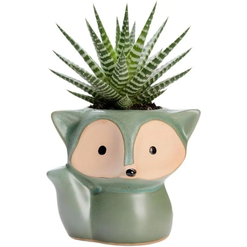 Cute Cartoon Fox Shaped Ceramic Succulent Cactus Vase Flower  Pots for  Garden Office Desktop Decoration (Green)