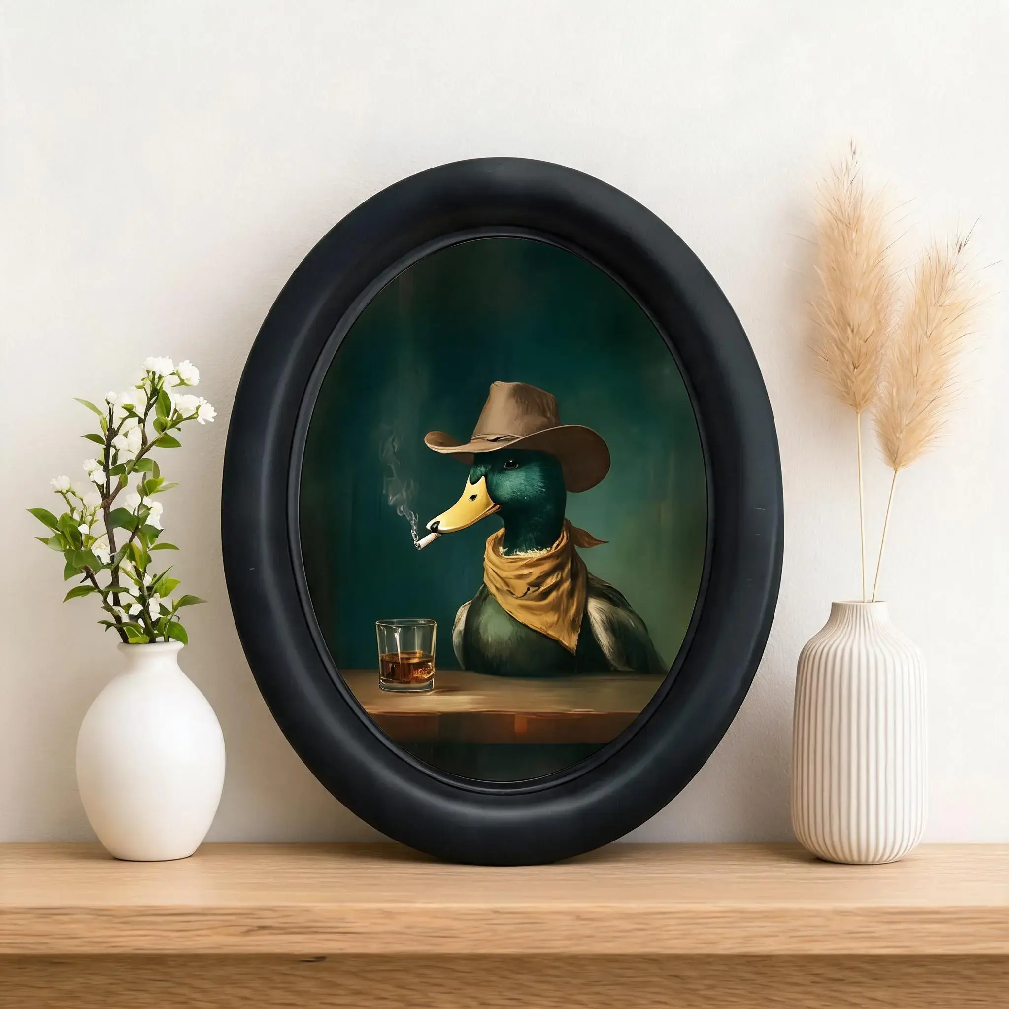 Vintage Western Cowboy Duck Decorative Painting, Oval Frame Mid-Century Wall Art, Fun Animal Theme Home Decoration, Unique Desktop Ornament, Animal Design, Vintage Room Decor, Wall Picture Decor